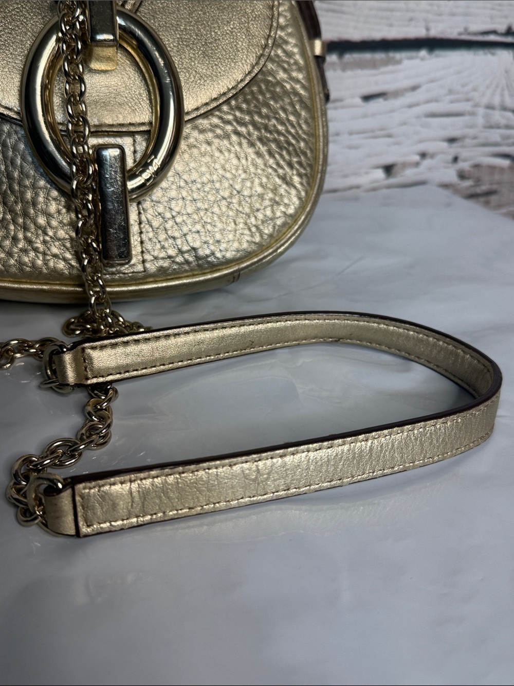 Diane Von Furstenberg Metallic Gold pebble Leather Crossbody Bag w Chain Strap - Picture 8 of 10